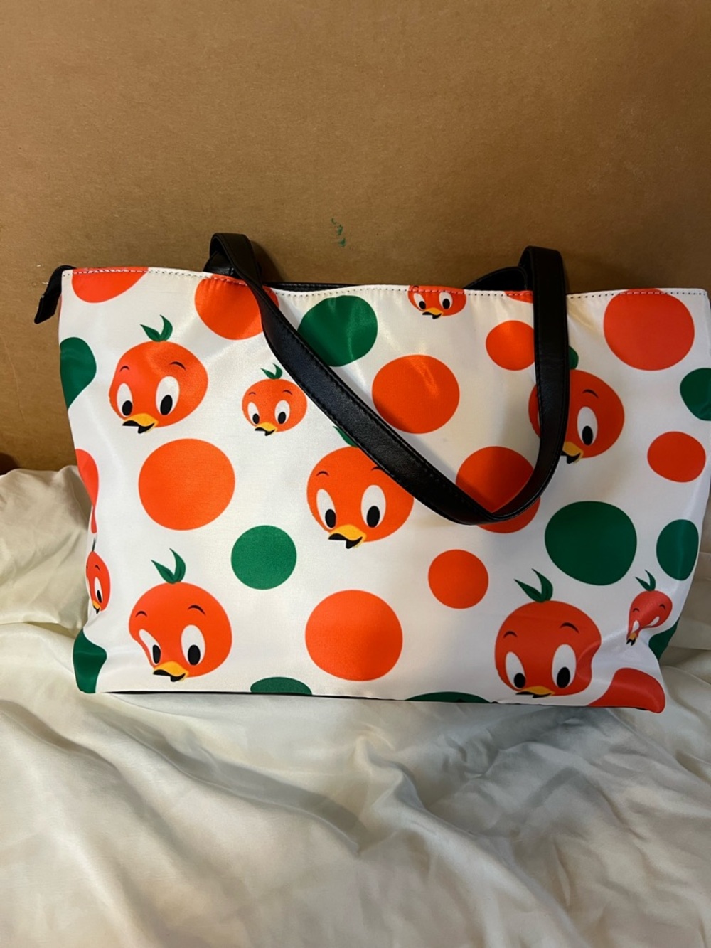 Orange Bird Print Tote Bag with Black Straps - Picture 2 of 4